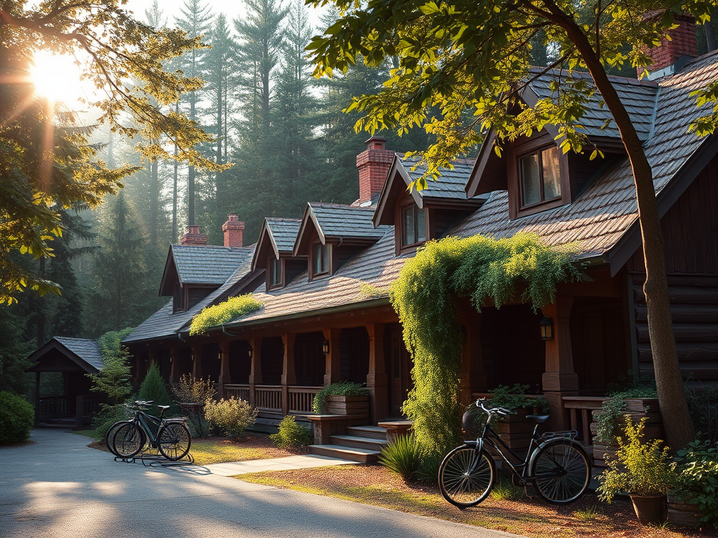 "Cozy rustic cottages" surrounded by "lush green forests," "bicycle racks" nearby, "early morning birdsong ambiance," and "sunlight filtering through trees."