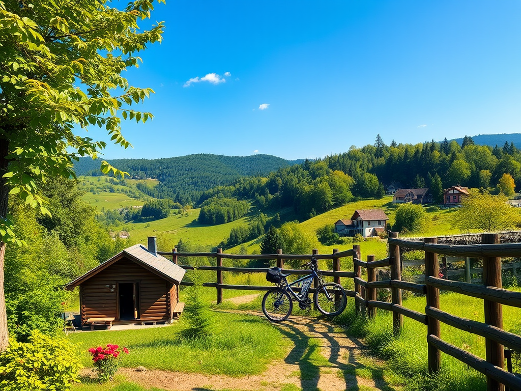 "Cozy cabin nestled in lush green forest" "Rolling hills under bright blue sky" "Bicycle leaning against wooden fence" "Winding walking trail through vibrant nature" "Charming village houses with flower gardens"