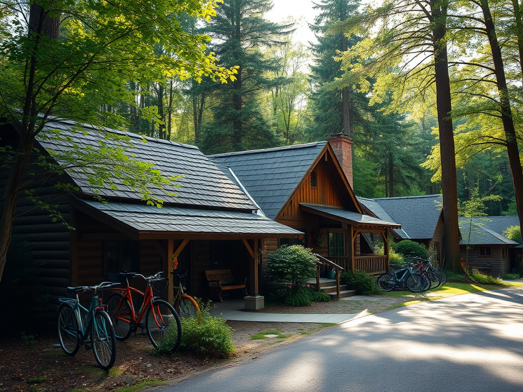 "Cozy rustic cottages" surrounded by "lush green forests," "bicycle racks" nearby, "early morning birdsong ambiance," and "sunlight filtering through trees."