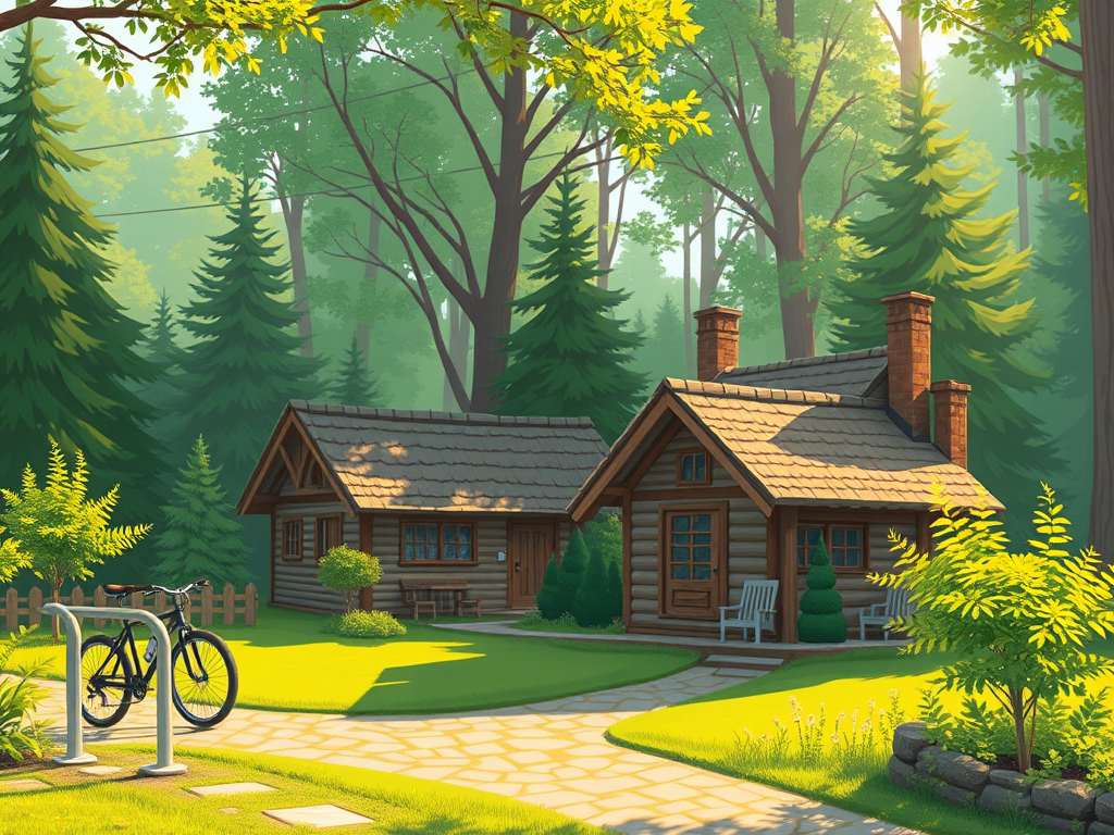 "Cozy rustic cottages" surrounded by "lush green forests," "bicycle racks" nearby, "early morning birdsong ambiance," and "sunlight filtering through trees."
