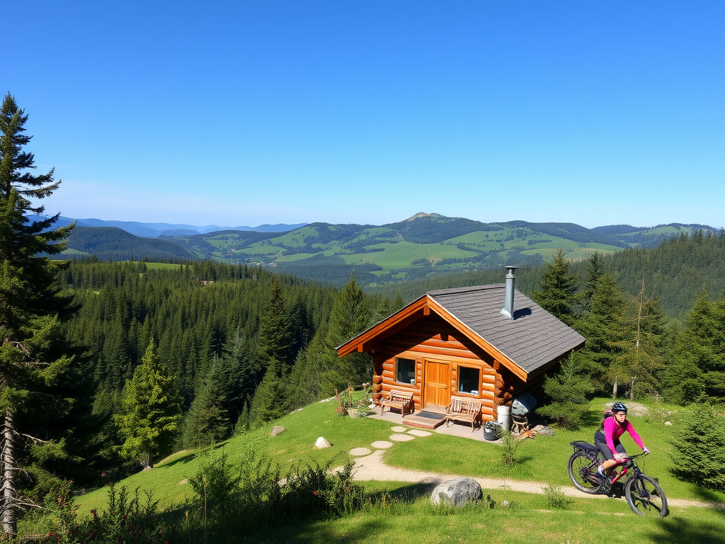 "Cozy rustic cabin" surrounded by "lush green forest" and "rolling hills" under a "clear blue sky," with "hikers and cyclists" enjoying nature.