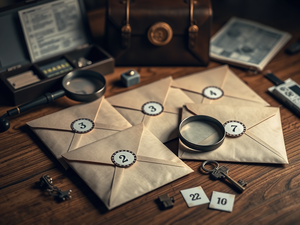 "mystery spy game kit on wooden table" "six sealed envelopes with numbered stickers" "magnifying glass, fingerprint kit, vintage key" "dim warm lighting, scattered clues"