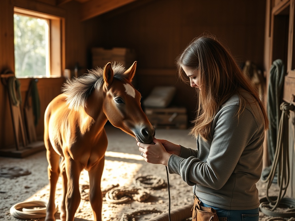 "Aspiring horse owner consulting a young foal in a sunlit stable; warm tones, calm atmosphere, ropes and grooming tools nearby, soft focus, hopeful dynamics."
