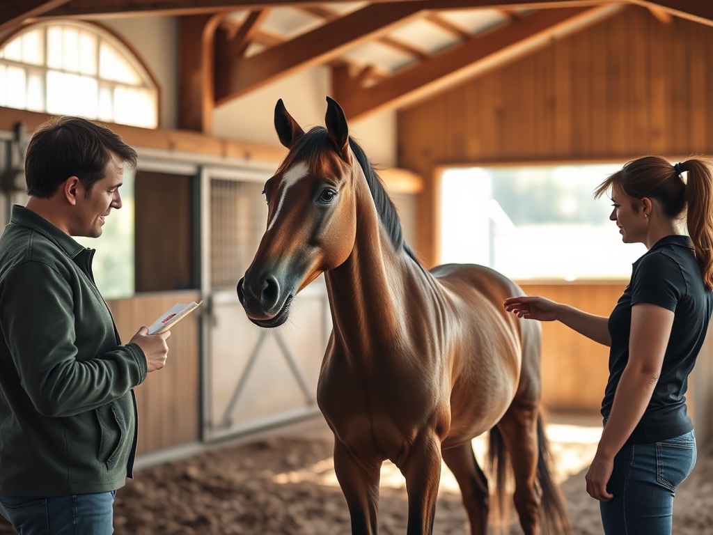 A detailed scene of a calm, healthy young horse in a sunlit stable, with a caring owner taking notes while a trainer demonstrates gentle groundwork.