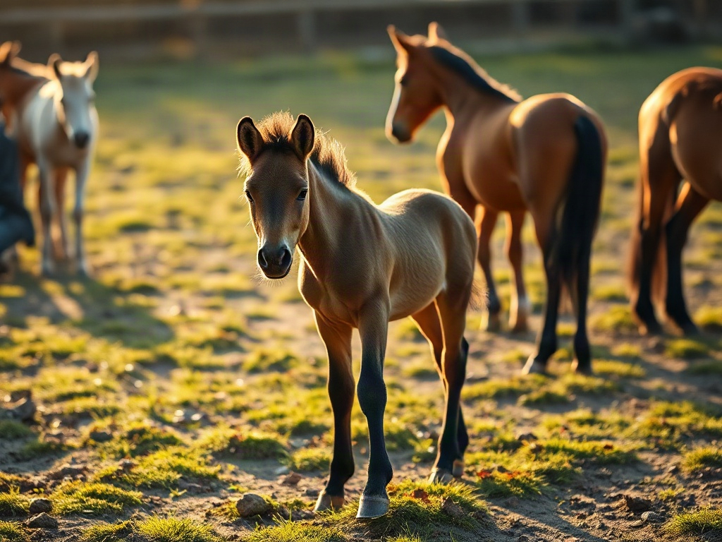 "A calm young foal in a grassy paddock with a small herd, warm sunrise light, subtle body language cues, caretakers nearby, natural behavior learning atmosphere"