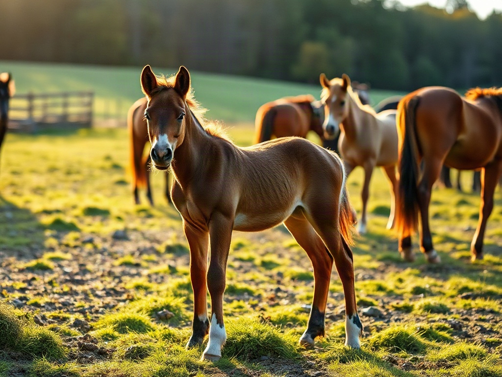 "A calm young foal in a grassy paddock with a small herd, warm sunrise light, subtle body language cues, caretakers nearby, natural behavior learning atmosphere"