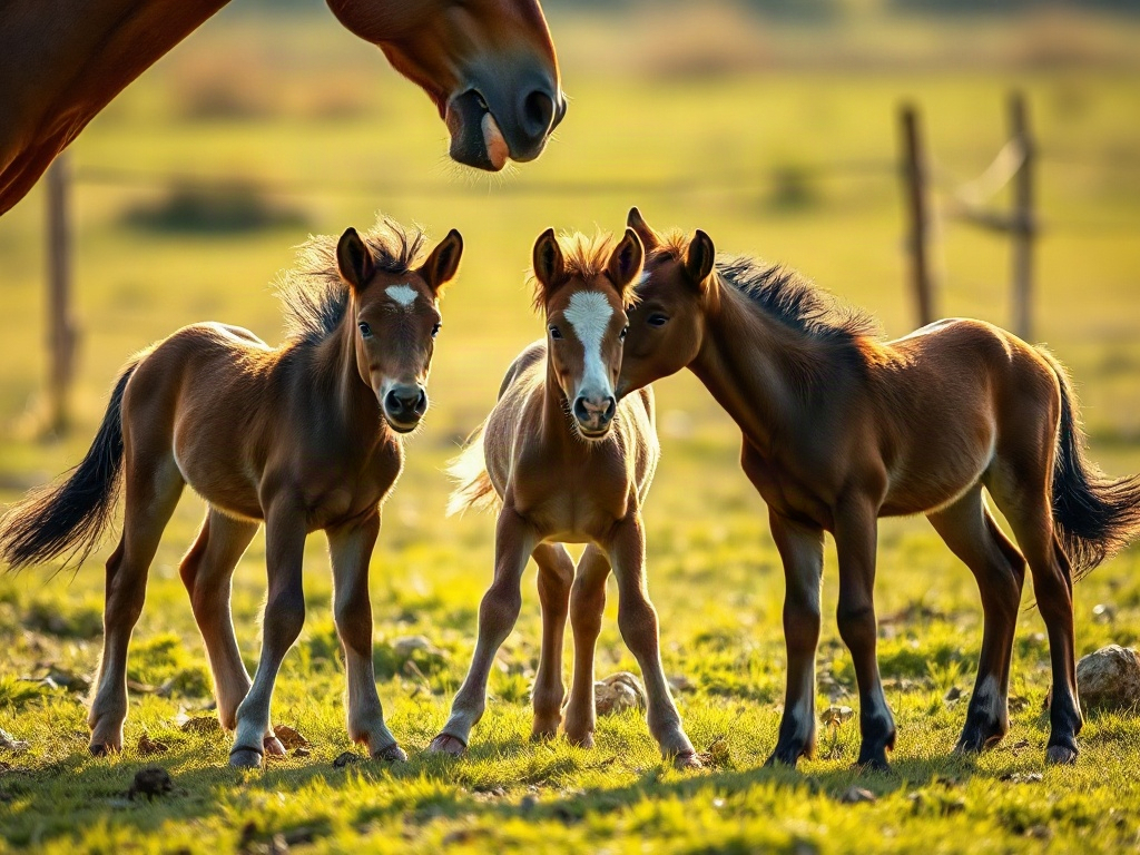 "Young foals in a safe pasture form a calm social bond near a mare, gentle gestures, soft dawn light, detailed hooves and faces, cinematic realism, shallow depth"