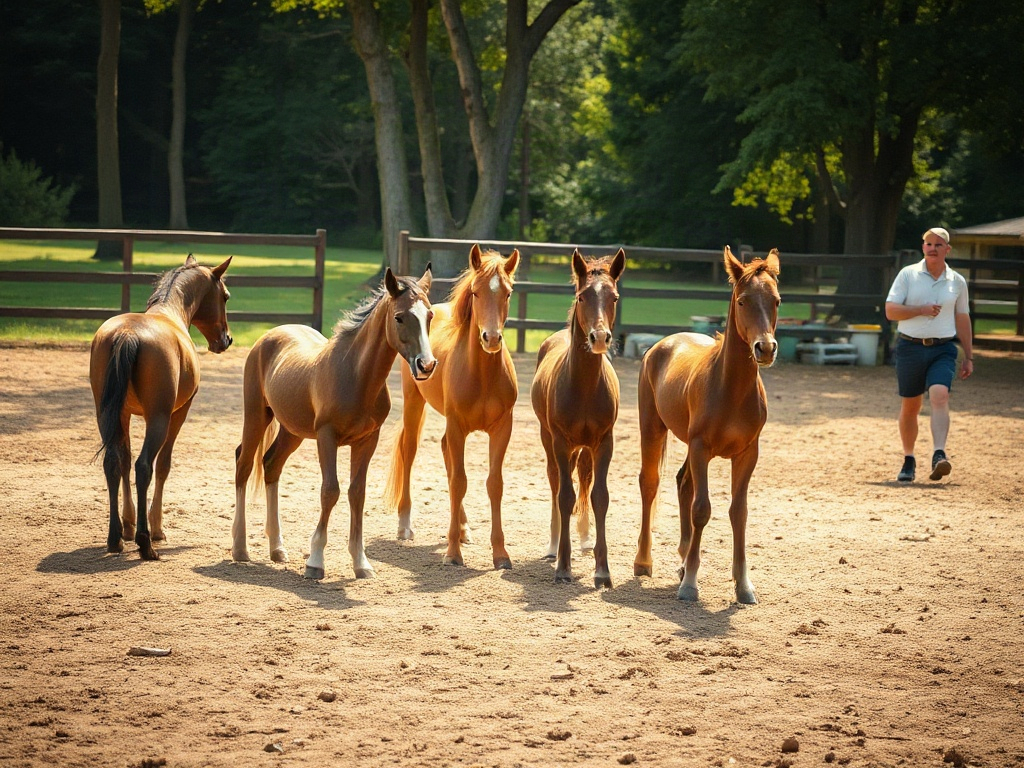A serene paddock scene with young horses forming a calm herd, subtle social cues, and a gentle caretaker observing from a distance, warm natural light.