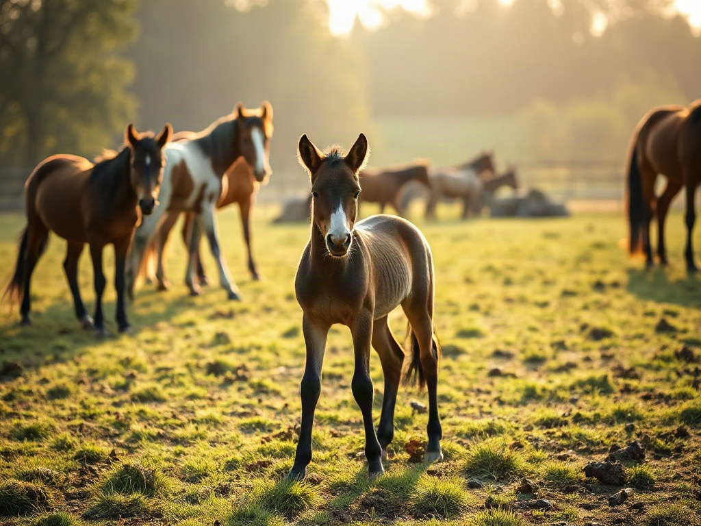 "A calm young foal in a grassy paddock with a small herd, warm sunrise light, subtle body language cues, caretakers nearby, natural behavior learning atmosphere"