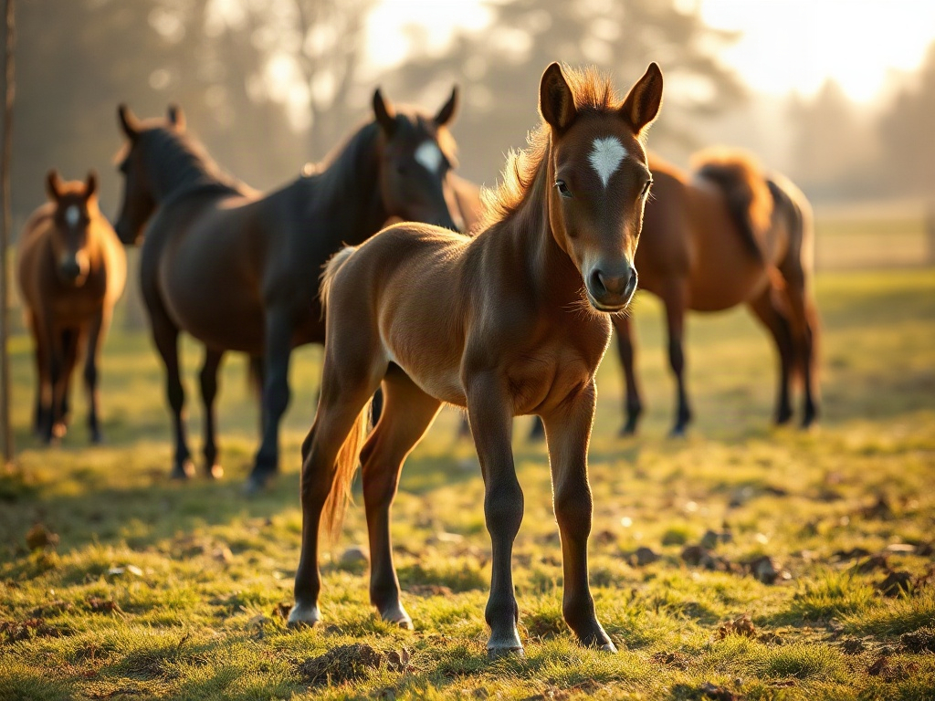 "A young foal in a safe pasture with calm herd" "soft golden light" "subtle body-language cues" "humans gently nearby" "instructional mood" "realistic photography style"