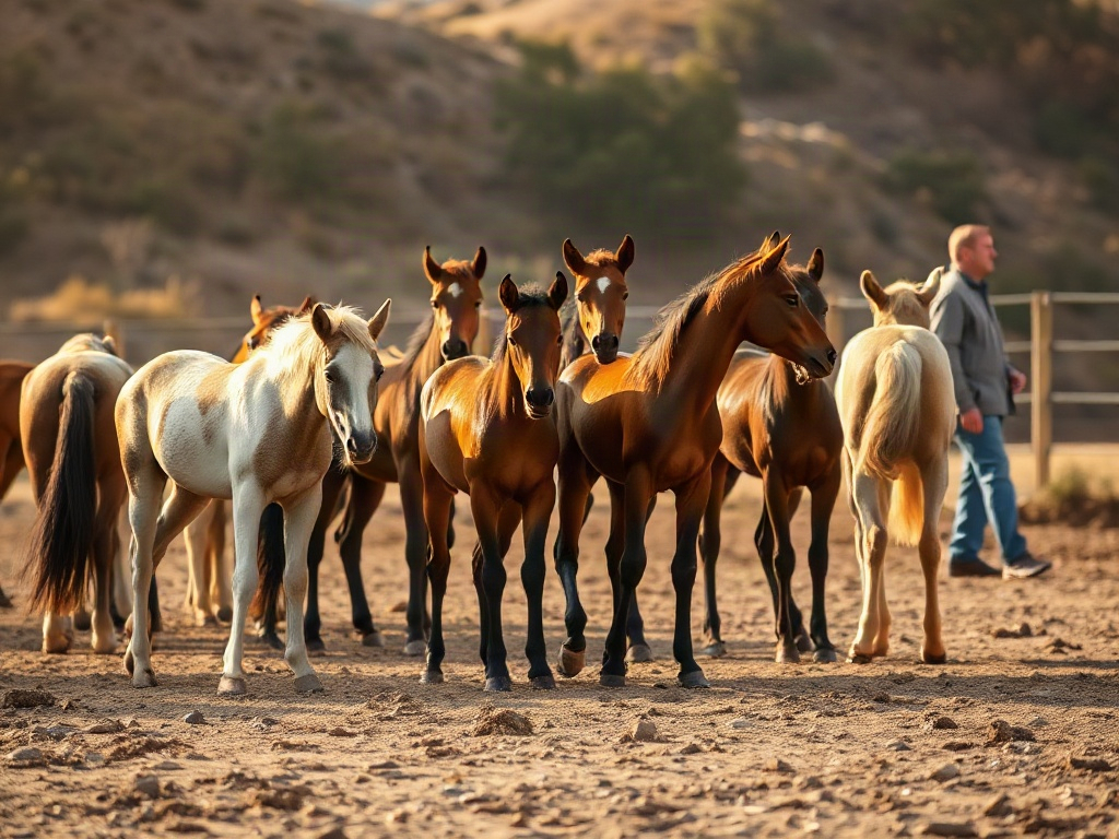 A serene paddock scene with young horses forming a calm herd, subtle social cues, and a gentle caretaker observing from a distance, warm natural light.