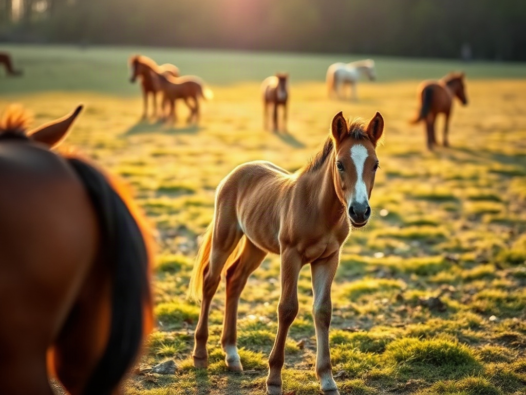 "A calm young foal in a grassy paddock with a small herd, warm sunrise light, subtle body language cues, caretakers nearby, natural behavior learning atmosphere"