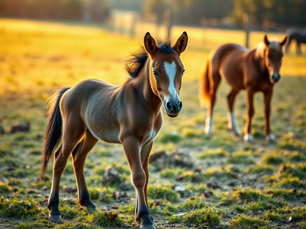 "A calm young foal in a grassy paddock with a small herd, warm sunrise light, subtle body language cues, caretakers nearby, natural behavior learning atmosphere"