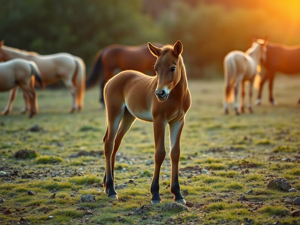"A calm young foal in a grassy paddock with a small herd, warm sunrise light, subtle body language cues, caretakers nearby, natural behavior learning atmosphere"