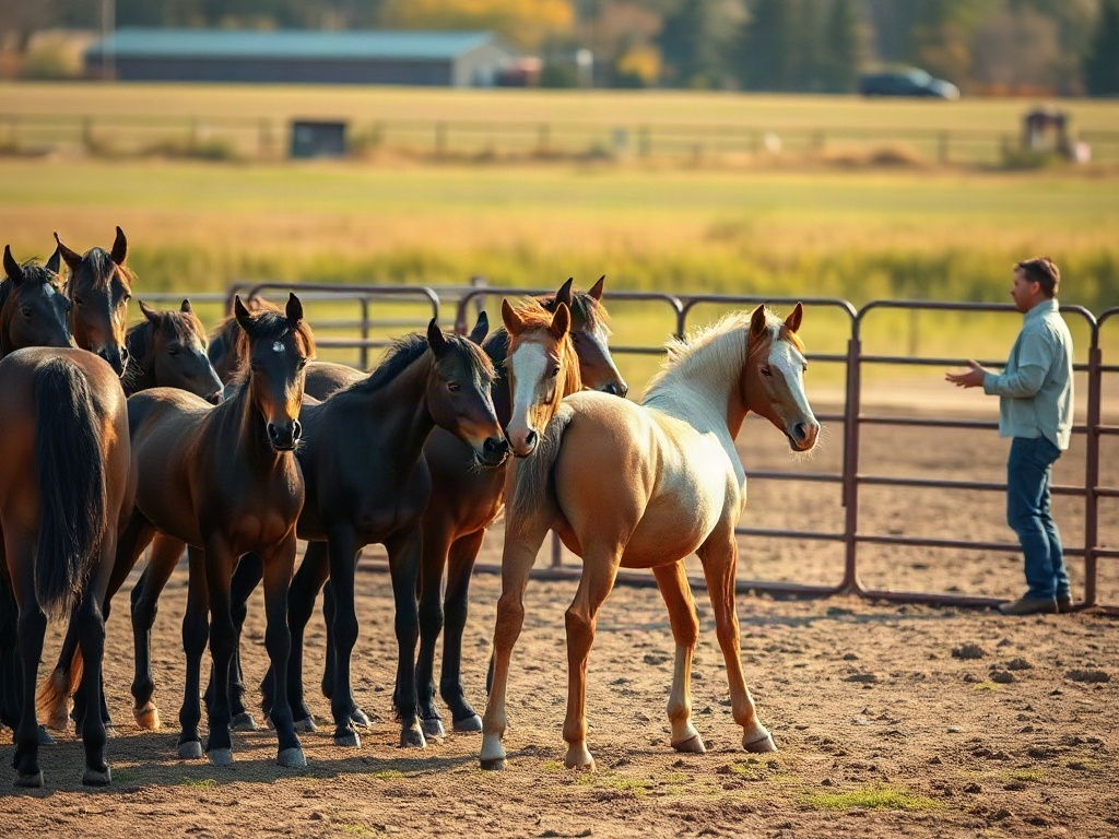A serene paddock scene with young horses forming a calm herd, subtle social cues, and a gentle caretaker observing from a distance, warm natural light.