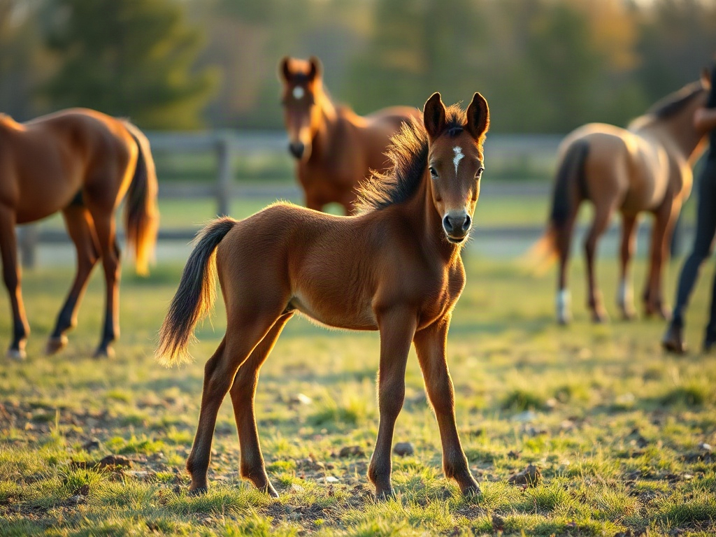 "A calm young foal in a grassy paddock with a small herd, warm sunrise light, subtle body language cues, caretakers nearby, natural behavior learning atmosphere"