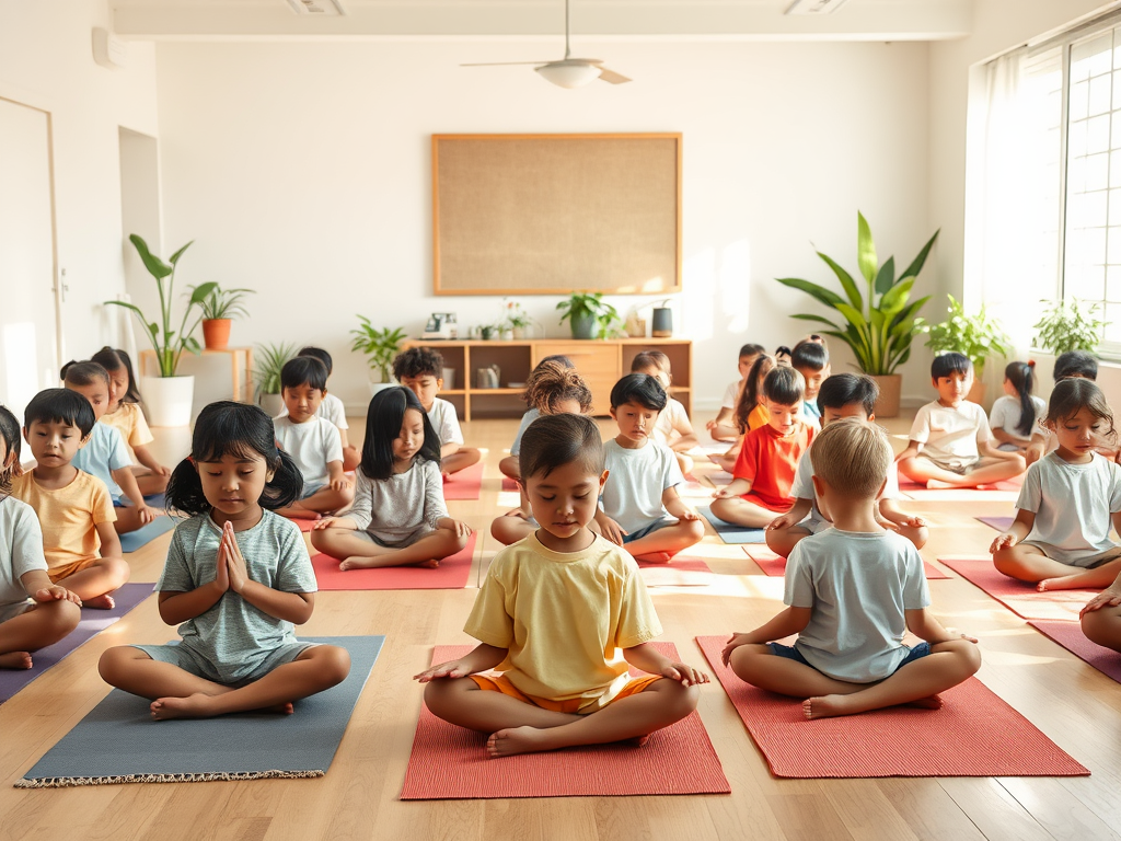 Kinderen mediteren in een lichte, rustige klasruimte.