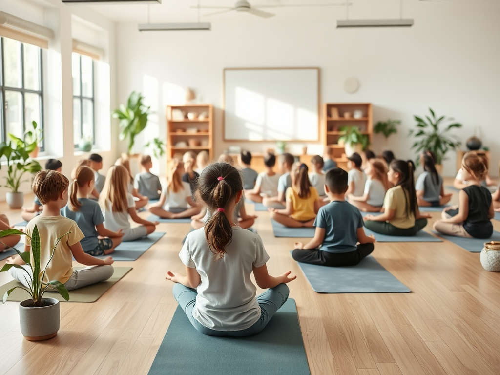 Kinderen die mindfulness beoefenen in een lichte klas.