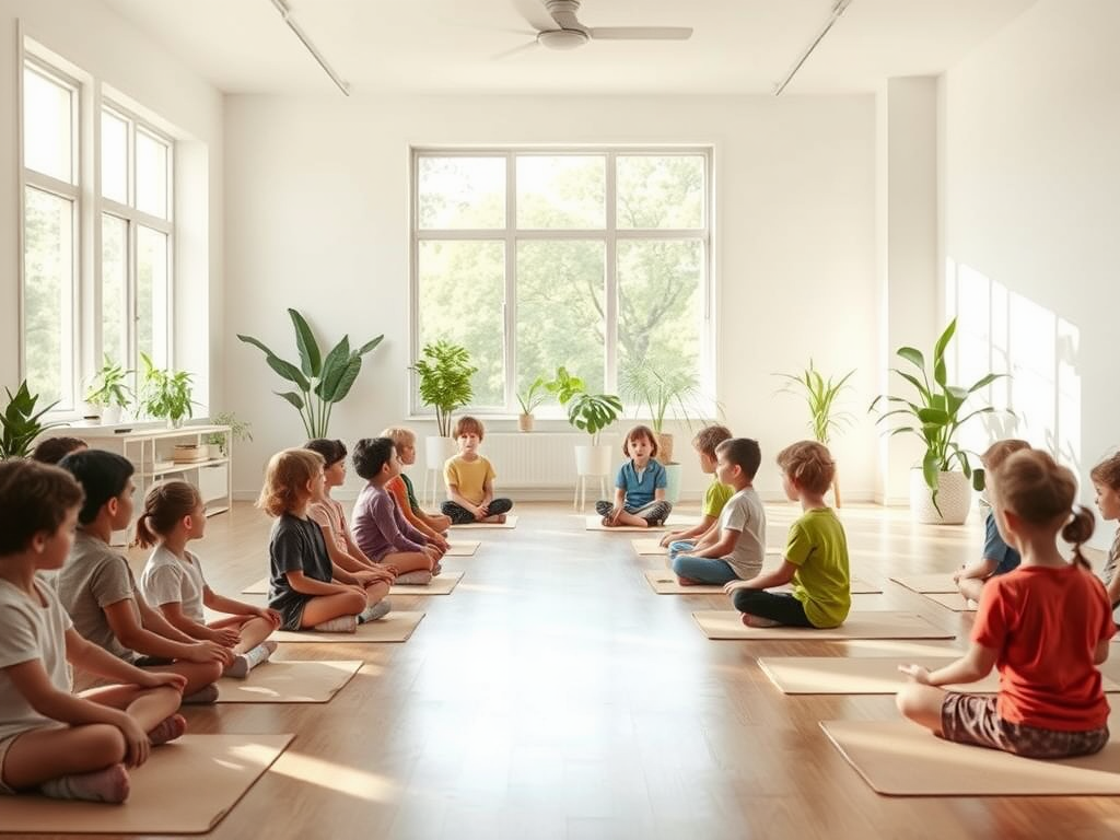 Kinderen zitten in een serene klaslokaal en oefenen mindfulness.