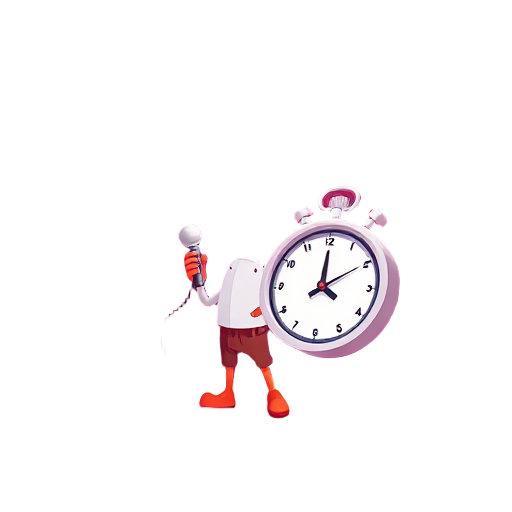Een kleurrijk cartoonfiguur met een stopwatch en microfoon.