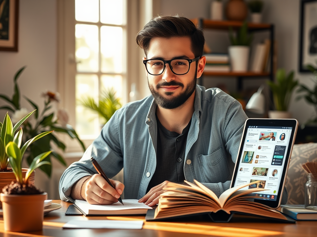 "a confident entrepreneur" "writing notes in a cozy workspace" "bright morning light" "symbols of growth like blooming plants" "storytelling icons like a quill and open book" "digital devices displaying social media and networking visuals" "warm, inspirin