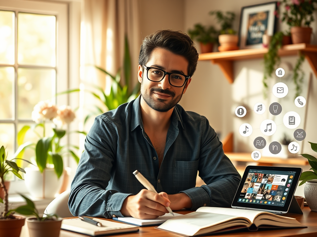 "a confident entrepreneur" "writing notes in a cozy workspace" "bright morning light" "symbols of growth like blooming plants" "storytelling icons like a quill and open book" "digital devices displaying social media and networking visuals" "warm, inspirin