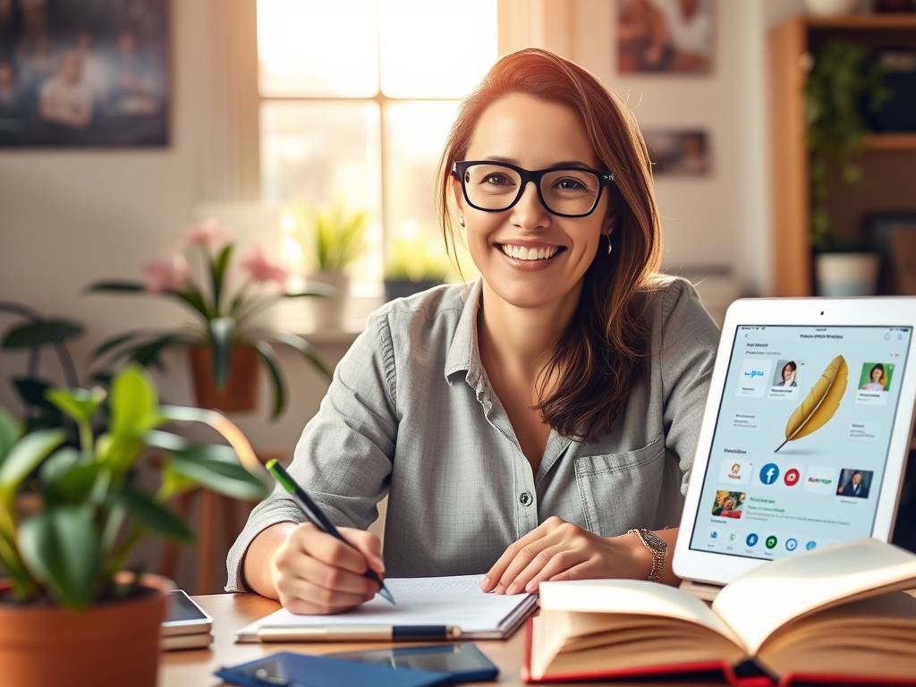 "a confident entrepreneur" "writing notes in a cozy workspace" "bright morning light" "symbols of growth like blooming plants" "storytelling icons like a quill and open book" "digital devices displaying social media and networking visuals" "warm, inspirin