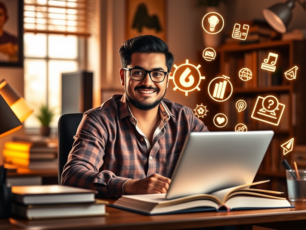 "a confident entrepreneur" "sitting at a desk" "surrounded by glowing storybooks" "warm light illuminating passion and creativity" "symbolic mission icons floating around" "calm inspiring workspace"