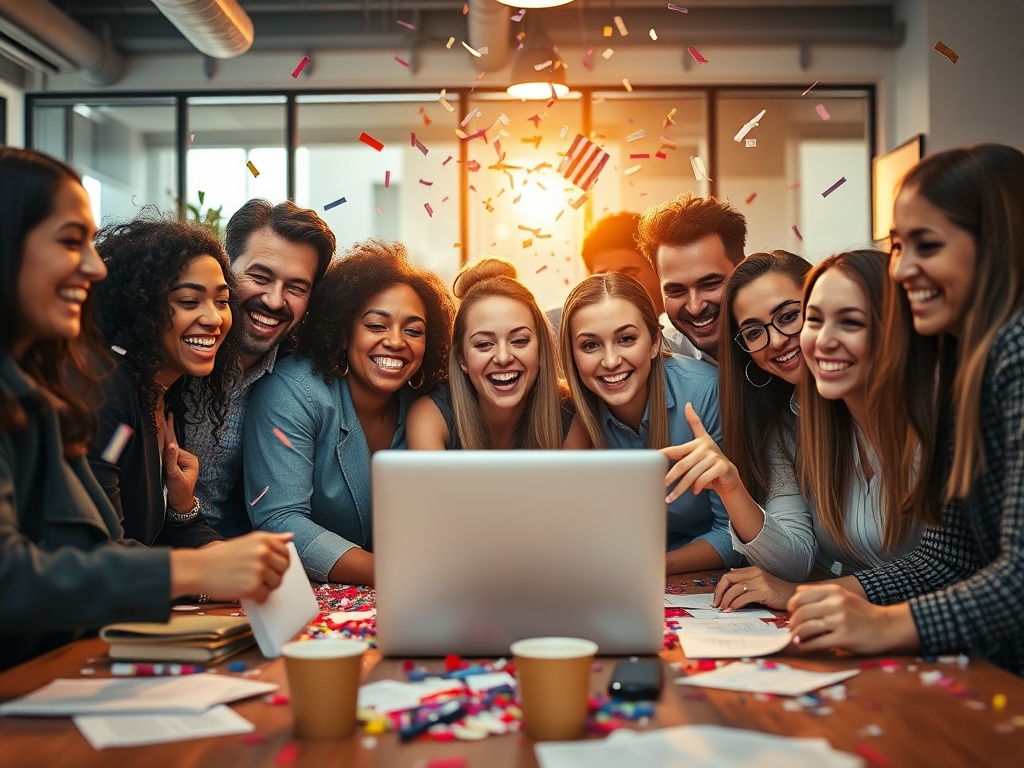 "a diverse group of professionals celebrating around a laptop" "bright modern co-working space" "confetti and warm golden light" "expressive joyful faces" "papers and coffee cups scattered" "shallow depth of field, cinematic"