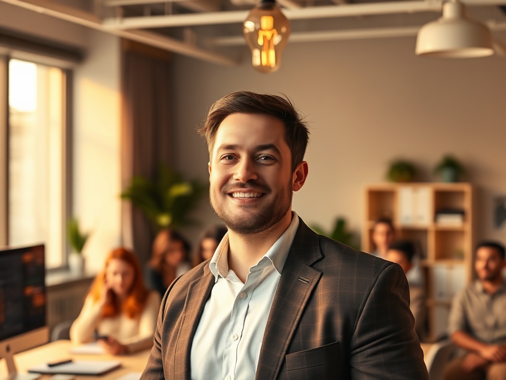 "portrait of confident entrepreneur" "speaking to diverse small audience" "lightbulb-shaped spotlight above" "minimal modern workspace" "warm golden-hour lighting" "clean muted color palette"