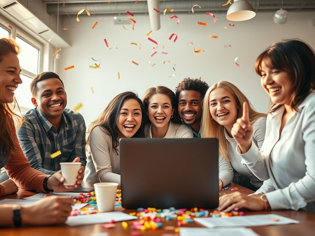 "a diverse group of professionals celebrating around a laptop" "bright modern co-working space" "confetti and warm golden light" "expressive joyful faces" "papers and coffee cups scattered" "shallow depth of field, cinematic"
