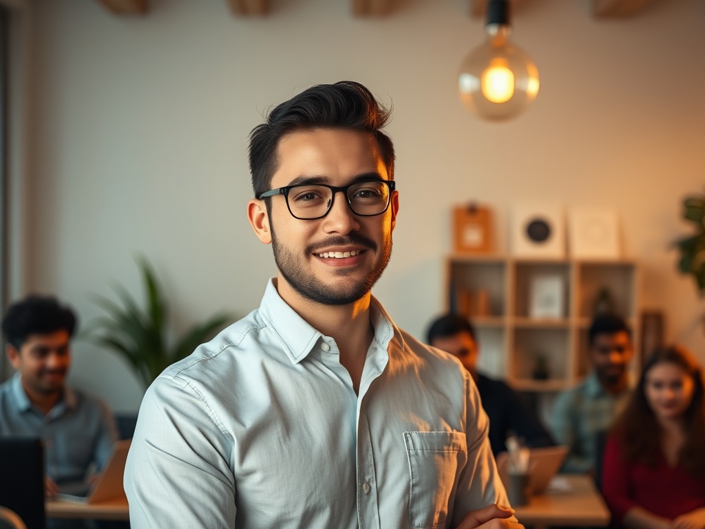 "portrait of confident entrepreneur" "speaking to diverse small audience" "lightbulb-shaped spotlight above" "minimal modern workspace" "warm golden-hour lighting" "clean muted color palette"