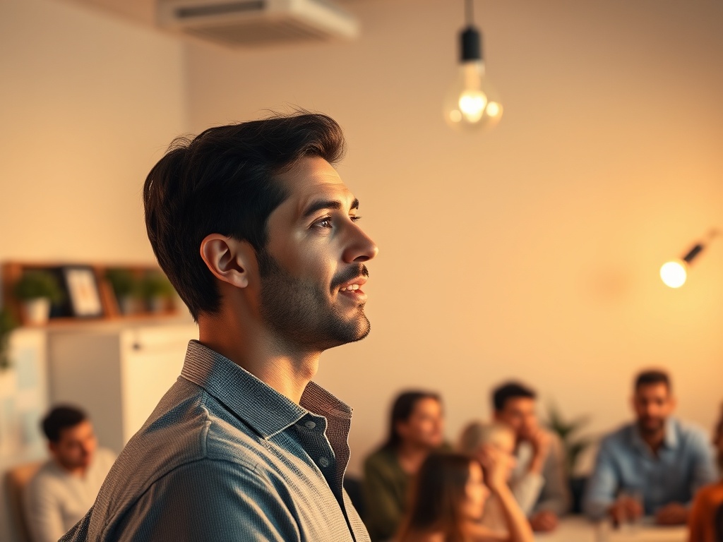 "portrait of confident entrepreneur" "speaking to diverse small audience" "lightbulb-shaped spotlight above" "minimal modern workspace" "warm golden-hour lighting" "clean muted color palette"