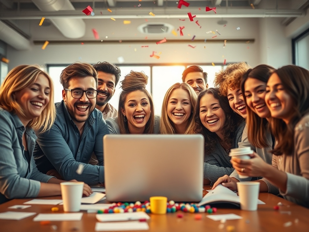 "a diverse group of professionals celebrating around a laptop" "bright modern co-working space" "confetti and warm golden light" "expressive joyful faces" "papers and coffee cups scattered" "shallow depth of field, cinematic"