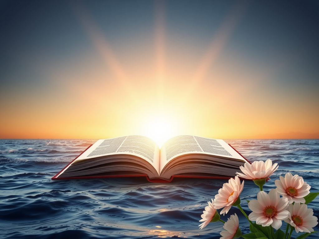 "a serene sunrise over calm ocean waves," "an open book glowing softly," "gentle light rays illuminating tranquil nature scene," "symbols of hope and inspiration like blooming flowers"