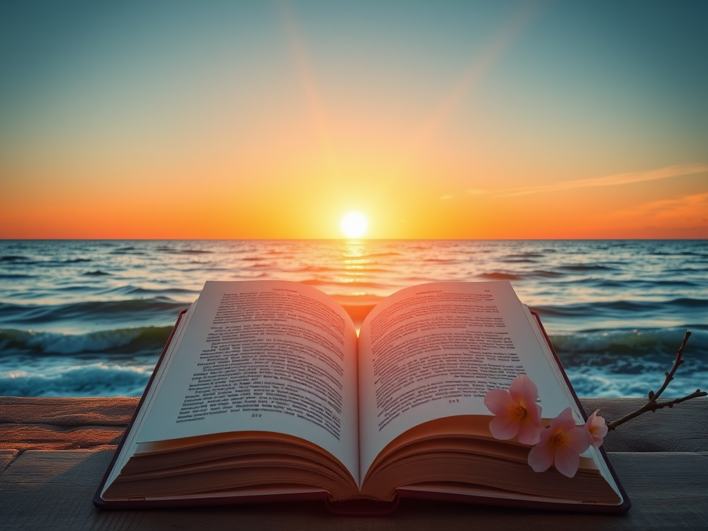 "a serene sunrise over calm ocean waves," "an open book glowing softly," "gentle light rays illuminating tranquil nature scene," "symbols of hope and inspiration like blooming flowers"