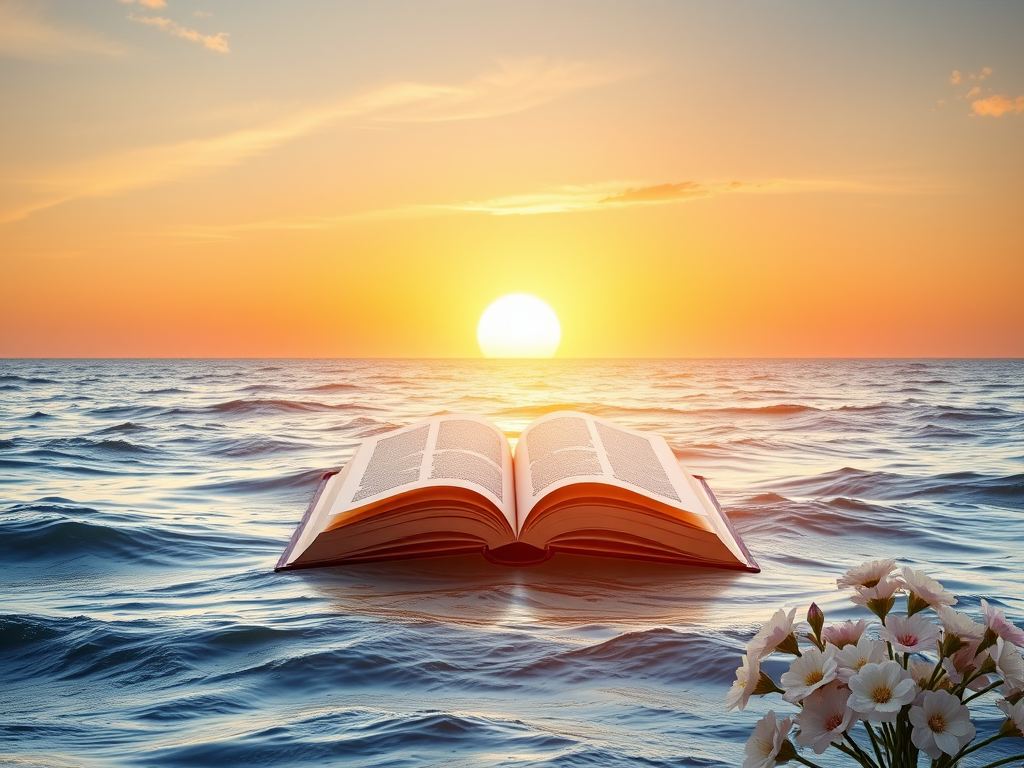 "a serene sunrise over calm ocean waves," "an open book glowing softly," "gentle light rays illuminating tranquil nature scene," "symbols of hope and inspiration like blooming flowers"