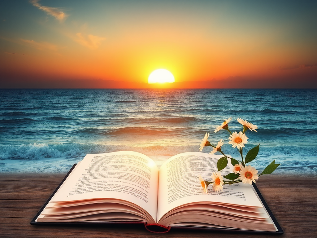 "a serene sunrise over calm ocean waves," "an open book glowing softly," "gentle light rays illuminating tranquil nature scene," "symbols of hope and inspiration like blooming flowers"