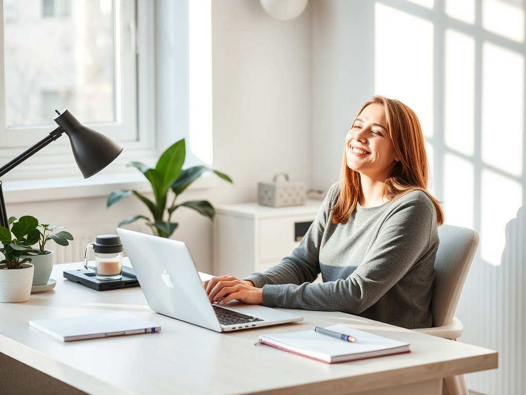 "calm modern home office" "soft morning light" "organized desk with laptop, notebook, coffee" "plant, minimal decor" "person relaxed, focused, smiling"