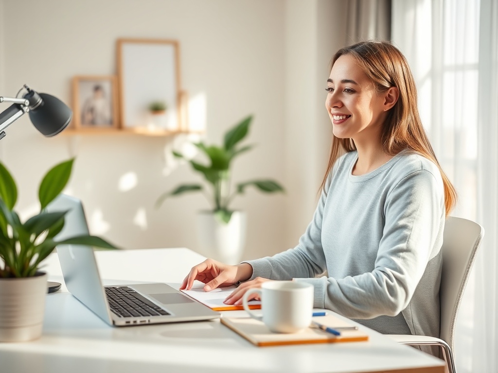 "calm modern home office" "soft morning light" "organized desk with laptop, notebook, coffee" "plant, minimal decor" "person relaxed, focused, smiling"