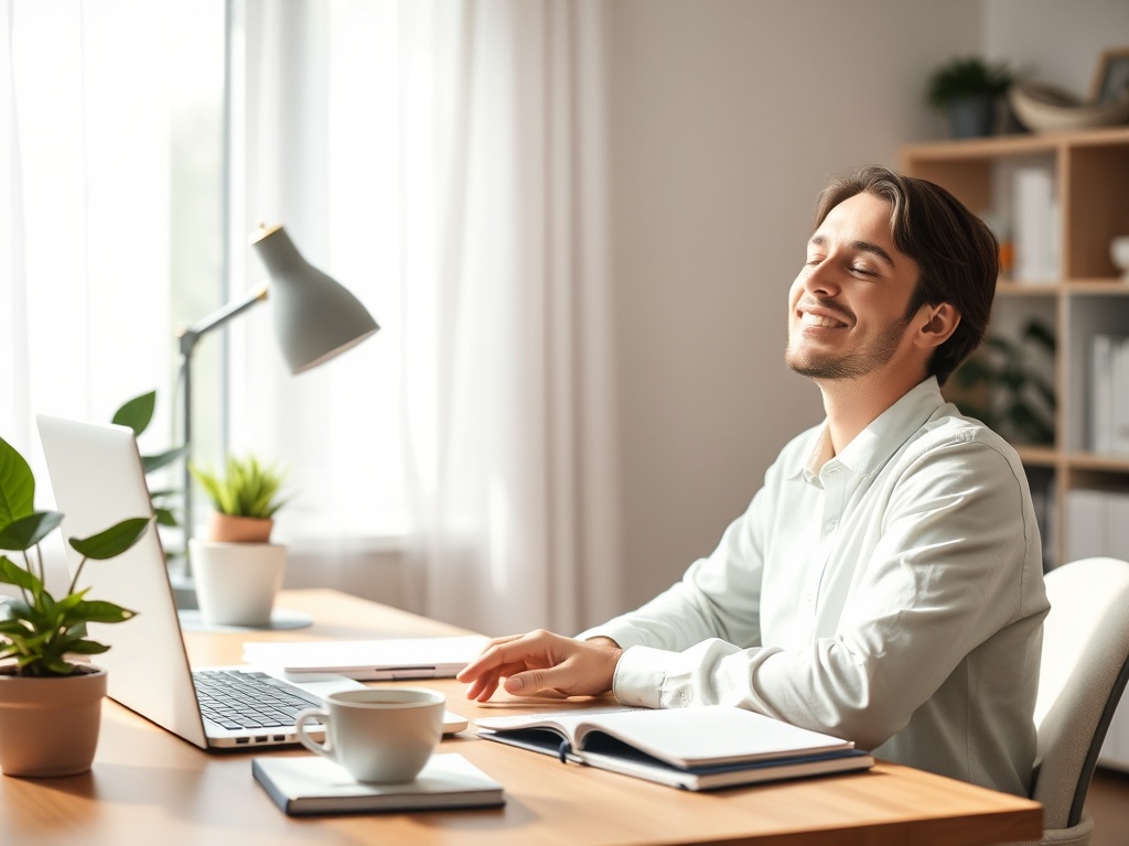 "calm modern home office" "soft morning light" "organized desk with laptop, notebook, coffee" "plant, minimal decor" "person relaxed, focused, smiling"