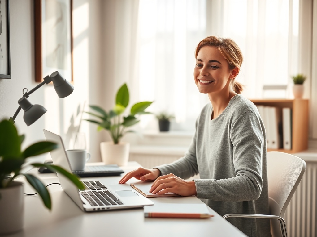 "calm modern home office" "soft morning light" "organized desk with laptop, notebook, coffee" "plant, minimal decor" "person relaxed, focused, smiling"