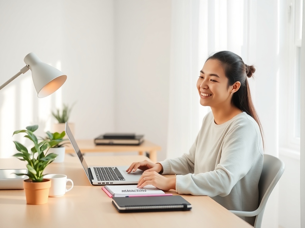 "calm modern home office" "soft morning light" "organized desk with laptop, notebook, coffee" "plant, minimal decor" "person relaxed, focused, smiling"