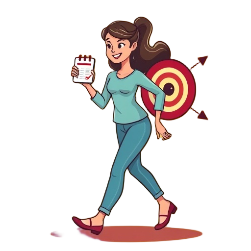 "woman" "stepping forward" "calendar and checklist" "hands guiding" "target circle" "growth arrows" "bright, empowering colors" "no faces or brands" "dynamic motion" "focus on progress" "coaching glow" "warm background" "outline"