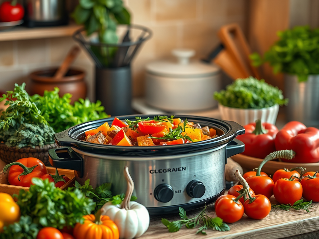 Gezellige keuken met een slowcooker en kleurrijke groenten.
