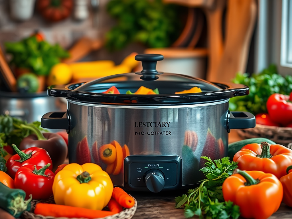 Een gezellige keuken met een slowcooker en kleurrijke groenten.