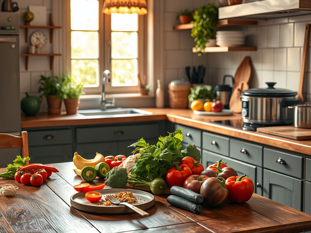 Een gezellige keuken met verse ingrediënten en groenten.