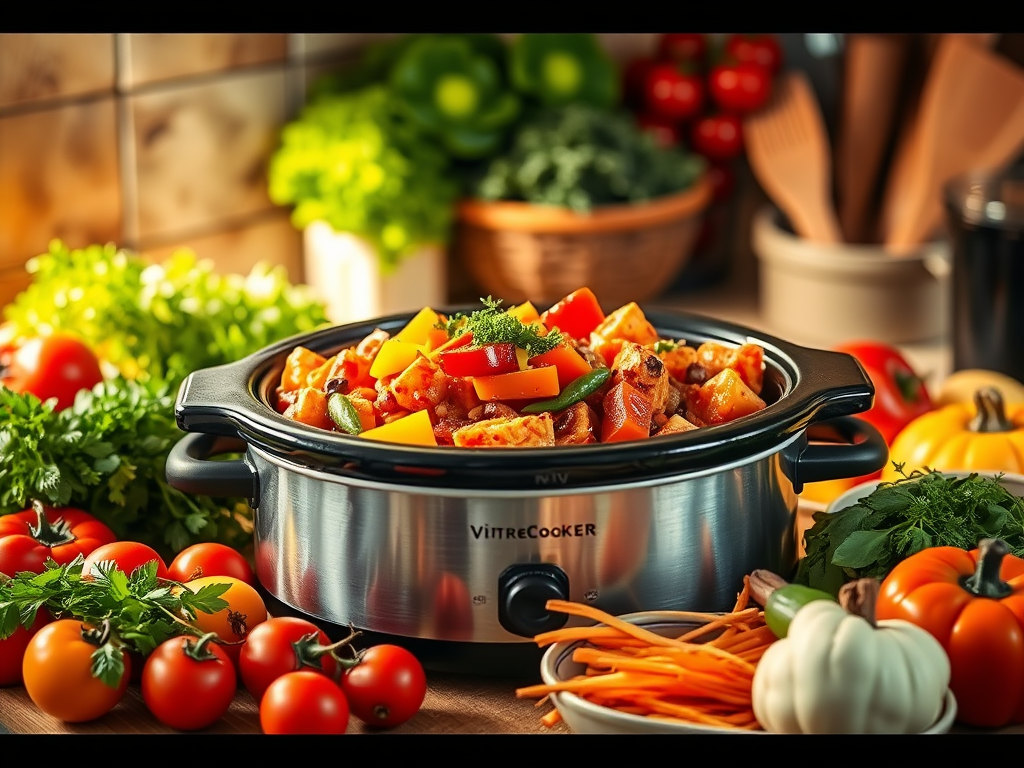 Een gezellige keuken met een slowcooker vol groenten.