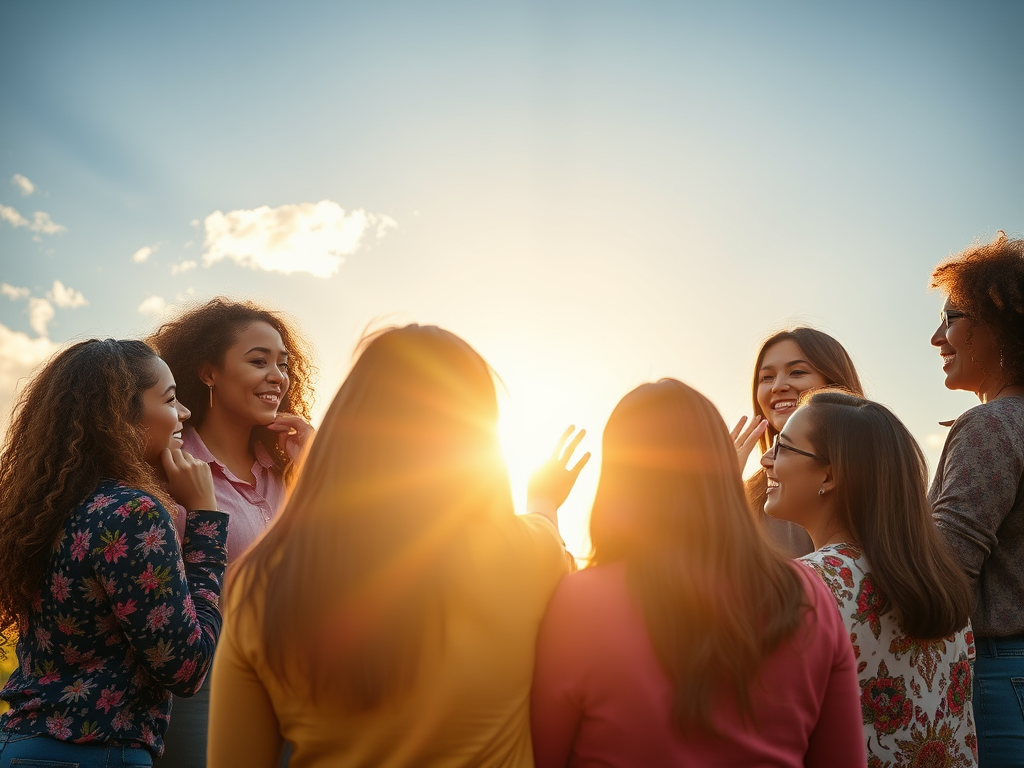 Vrouwengroep in een cirkel onder de zon buiten.