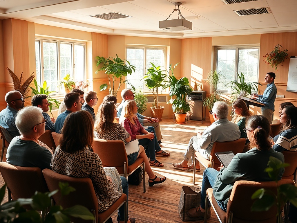 A warm, inviting seminar room with diverse, engaged adults listening attentively, sunlight streaming through windows, vibrant plants, cozy seating, and a presenter sharing knowledge.